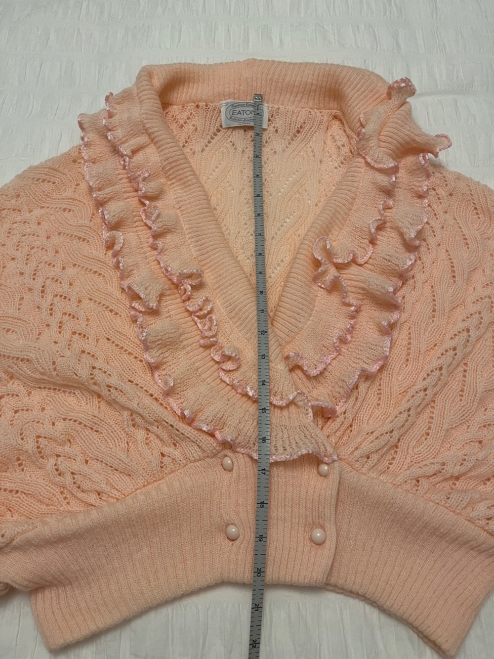 VINTAGE Eaton Batwing Lacy Cable Knit Cardigan Ruffles Feminine Romantic 70's - Picture 16 of 17